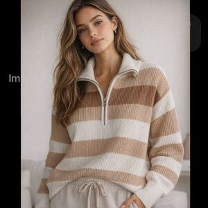 Aerie Beige and White Striped Turtleneck Sweater